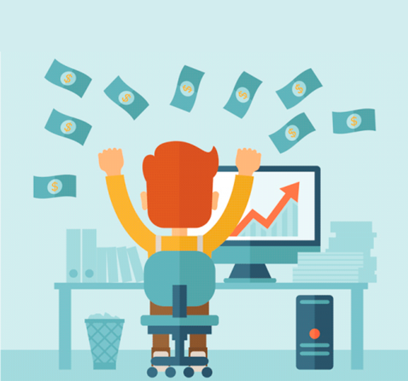 ilustração de uma pessoa ganhando dinheiro em frente a um computador